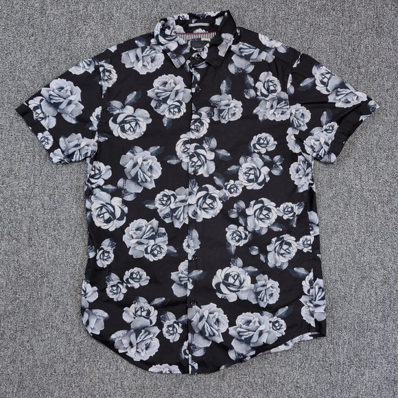 Denim & Flower Small Black White Floral Rose 100% Cotton Short Sleeve Shirt S — photo 2